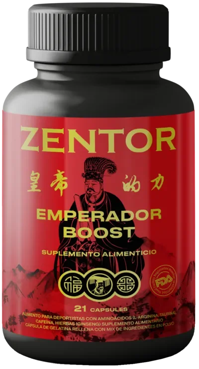 Frasco de Zentor Emperador Boost, suplemento alimenticio con 21 cápsulas para la próstata